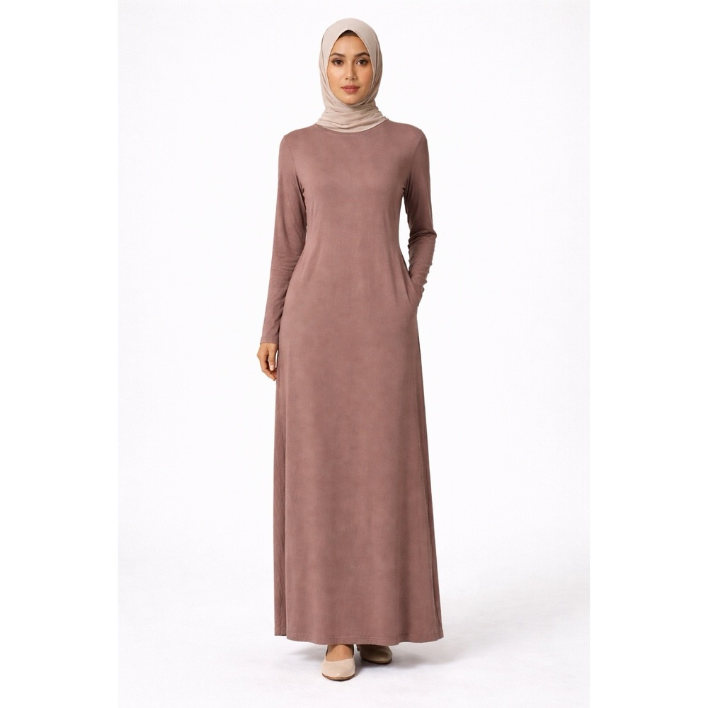 Veiled Bamboo Maxi Dress Taupe Modest Abaya A Line Pockets Minimalist S‎ 56"